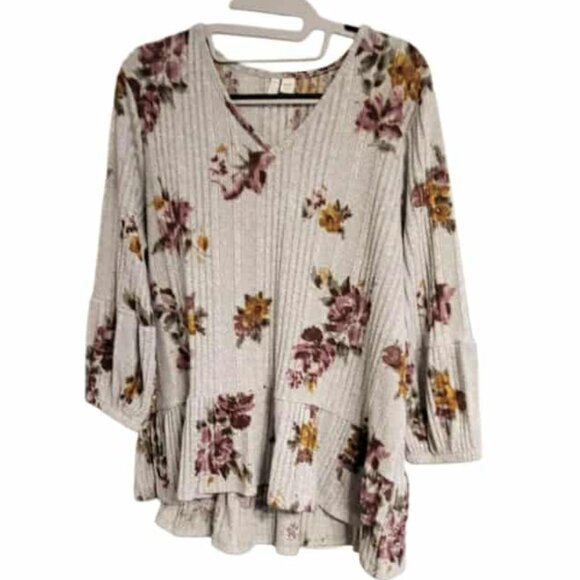 Est 1984 Sweater Top Womens Sz 18W 20W Gray Floral V Neck 3/4 Puff Sleeve - Picture 1 of 7